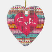 Rainbow-Retro-Herz Imitate Wolllein Strick Name Keramik Ornament (Rechts)