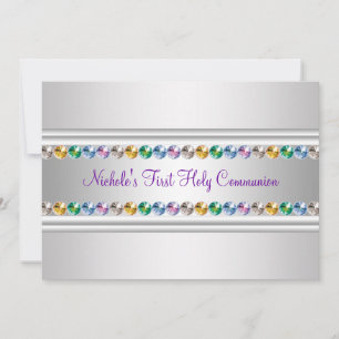 Rainbow Rhinestones Lila White Girl First Commun Einladung