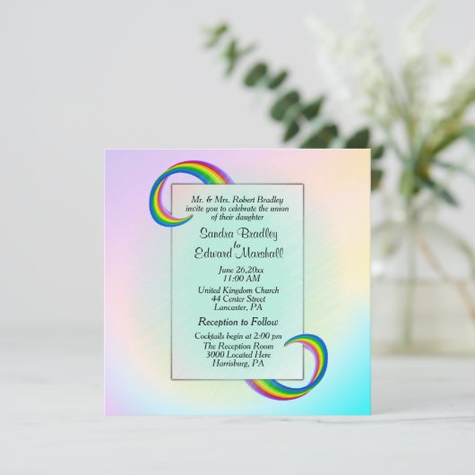 Rainbow Ribbon Wedding Einladung (Stehend Vorderseite)