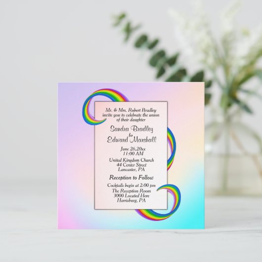 Rainbow Ribbon Wedding Einladung (Stehend Vorderseite)