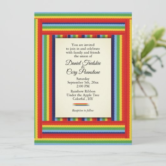 Rainbow Ribbon Wedding Einladung (Stehend Vorderseite)