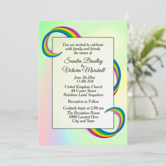 Rainbow Ribbon Wedding Einladung (Stehend Vorderseite)