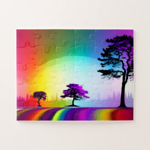 Rainbow Road durch Silhouette Bäume mit Lila Puzzle