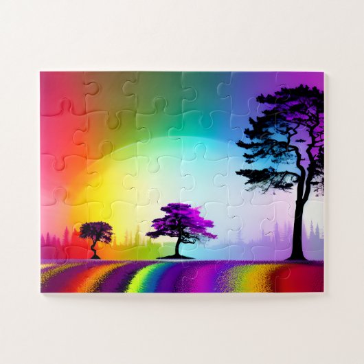 Rainbow Road durch Silhouette Bäume mit Lila Puzzle (Horizontal)