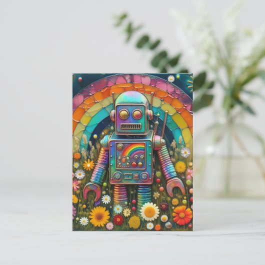 Rainbow Robot in einer Blume Postkarte (Stehend Vorderseite)