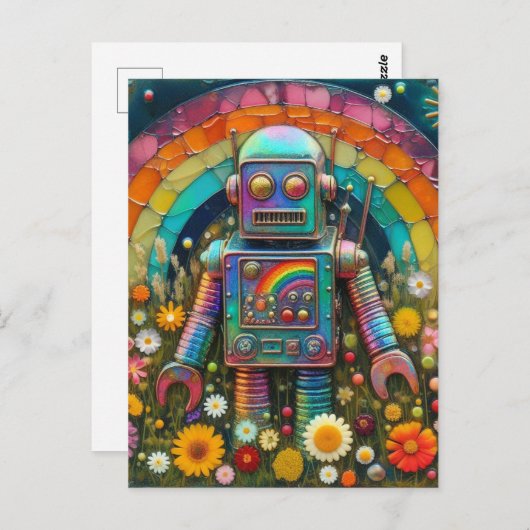 Rainbow Robot in einer Blume Postkarte (Vorne/Hinten)