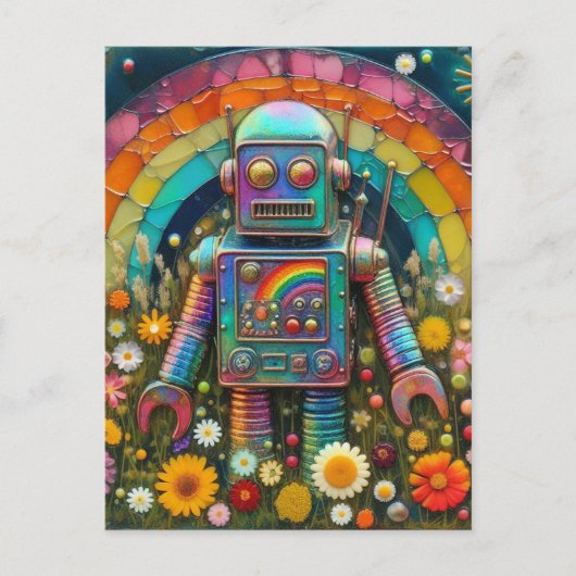 Rainbow Robot in einer Blume Postkarte (Vorderseite)