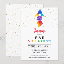 Rainbow Rocket Ship Weltraum Geburtstagsparty Einladung