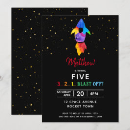 Rainbow Rocket Ship Weltraum Geburtstagsparty Einladung
