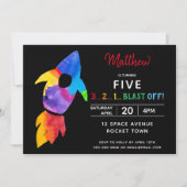 Rainbow Rocket Ship Weltraum Geburtstagsparty Einladung (Vorderseite)