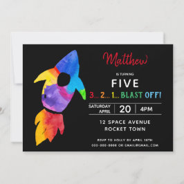 Rainbow Rocket Ship Weltraum Geburtstagsparty Einladung