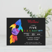 Rainbow Rocket Ship Weltraum Geburtstagsparty Einladung (Stehend Vorderseite)