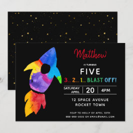 Rainbow Rocket Ship Weltraum Geburtstagsparty Einladung