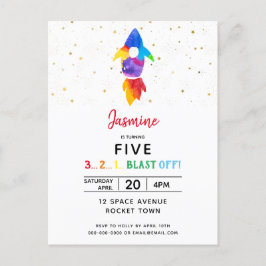 Rainbow Rocket Ship Weltraum Geburtstagsparty Einladungspostkarte