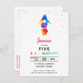 Rainbow Rocket Ship Weltraum Geburtstagsparty Einladungspostkarte (Vorne/Hinten)