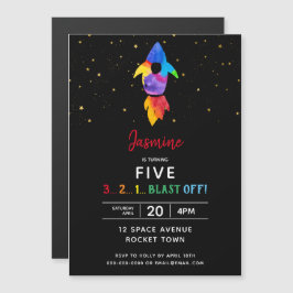 Rainbow Rocket Ship Weltraum Geburtstagsparty Magneteinladung