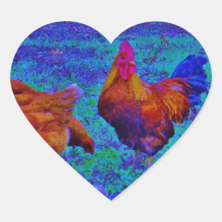 Rainbow Rooster & Hens, Electric Blue Herz-Aufkleber