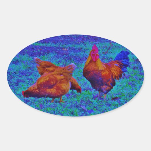 Rainbow Rooster & Hens, Electric Blue Ovaler Aufkleber (Vorderseite)