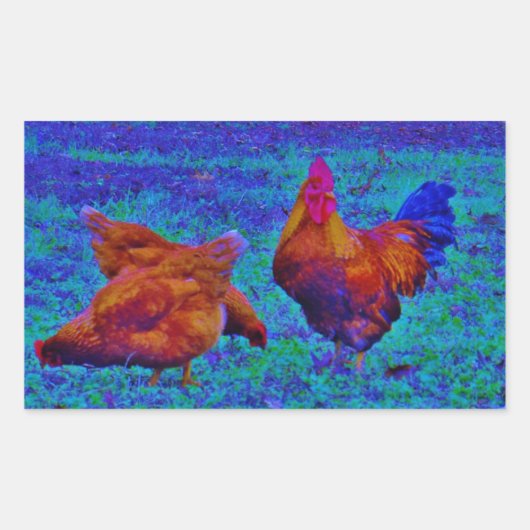 Rainbow Rooster & Hens, Electric Blue Rechteckiger Aufkleber (Vorderseite)