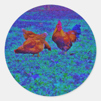 Rainbow Rooster & Hens, Electric Blue Runder Aufkleber