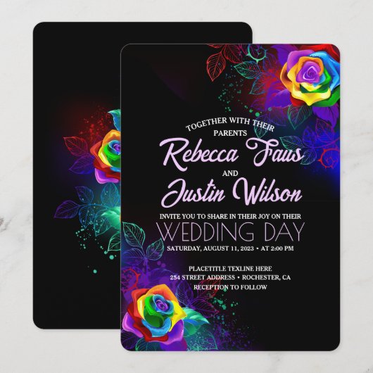 Rainbow Rose Floral Modern Boho Black Einladung (Vorne/Hinten)
