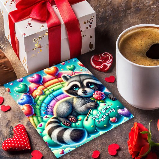 Rainbow Rose Raccoon Valentine Card Feiertagskarte