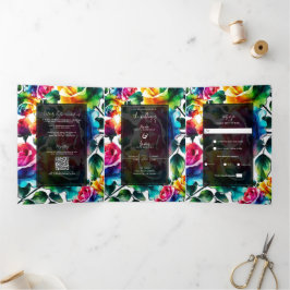 Rainbow-Rose Schwarz & Weiß-Lebende Blumenzehen Dreifach Gefaltete Einladung