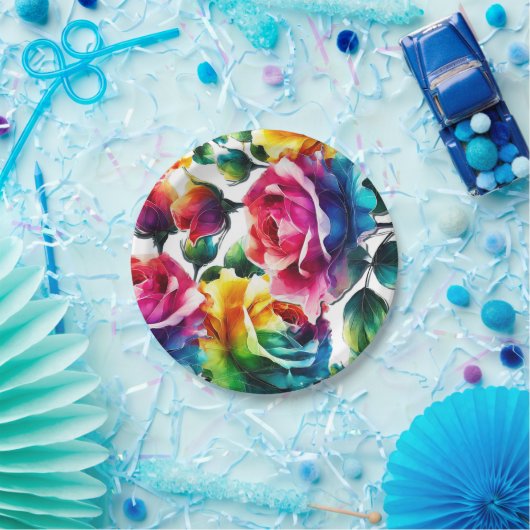 Rainbow-Rose Schwarz & Weiß-Lebende Blumenzehen Pappteller (Party)