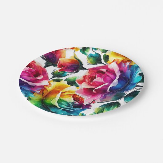 Rainbow-Rose Schwarz & Weiß-Lebende Blumenzehen Pappteller (Schrägansicht)