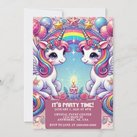 Rainbow Royalty Unicorns Einladung (Vorderseite)