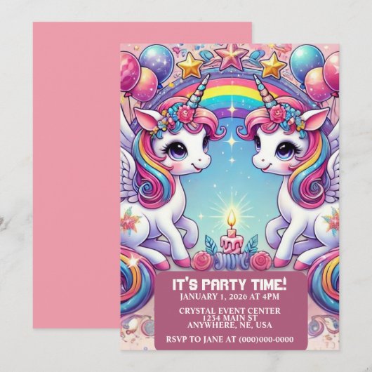 Rainbow Royalty Unicorns Einladung (Vorne/Hinten)