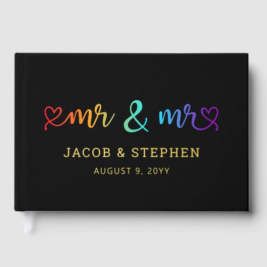 Rainbow Script Black Mr & Mr. Gay Wedding Gästebuch (Vorderseite)