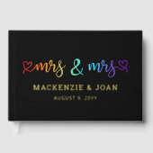 Rainbow Script Black Mrs & Mrs. Lesbian Wedding Gästebuch (Vorderseite)
