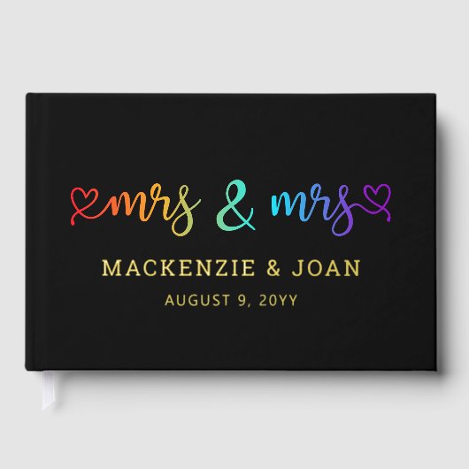 Rainbow Script Black Mrs & Mrs. Lesbian Wedding Gästebuch (Vorderseite)