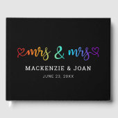 Rainbow Script Black Mrs & Mrs. Lesbian Wedding Gästebuch (Vorderseite)