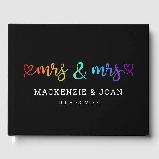 Rainbow Script Black Mrs & Mrs. Lesbian Wedding Gästebuch (Vorderseite)