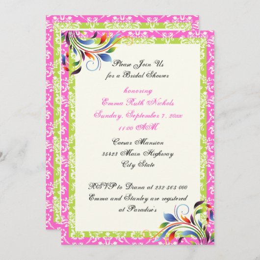 Rainbow scroll leaf damask wedding bridal shower einladung (Vorne/Hinten)