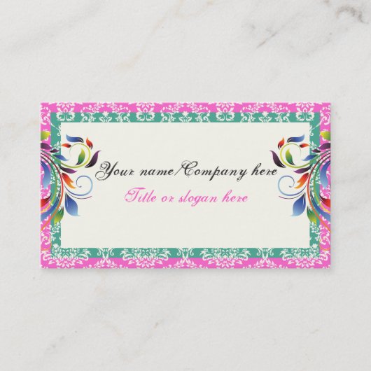 Rainbow-Scrollblatt aquamarine rosa Damastränder Visitenkarte (Vorderseite)