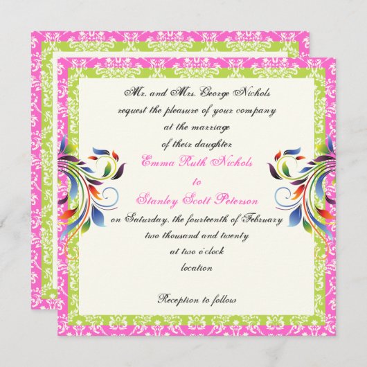 Rainbow-Scrollblatt-Damastenhochzeit Einladung (Vorne/Hinten)