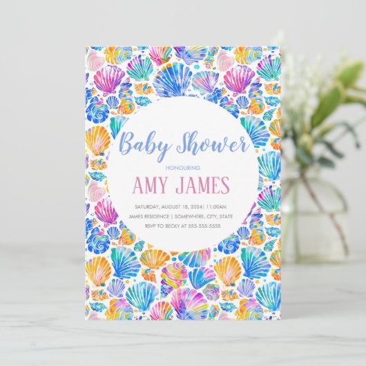 Rainbow Seashells Kinderdusche Einladung (Stehend Vorderseite)