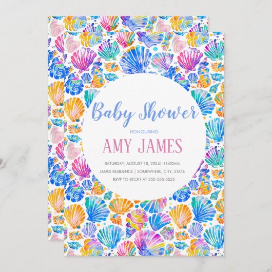 Rainbow Seashells Kinderdusche Einladung (Vorne/Hinten)