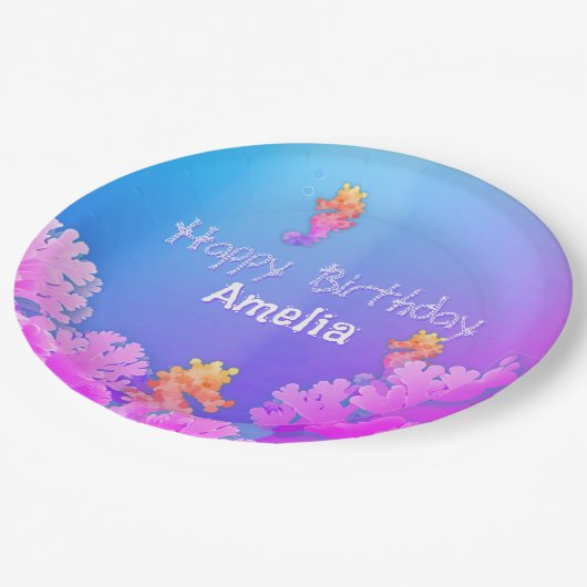 Rainbow-Seepferd Personalisiertes Party Pappteller (Schrägansicht)