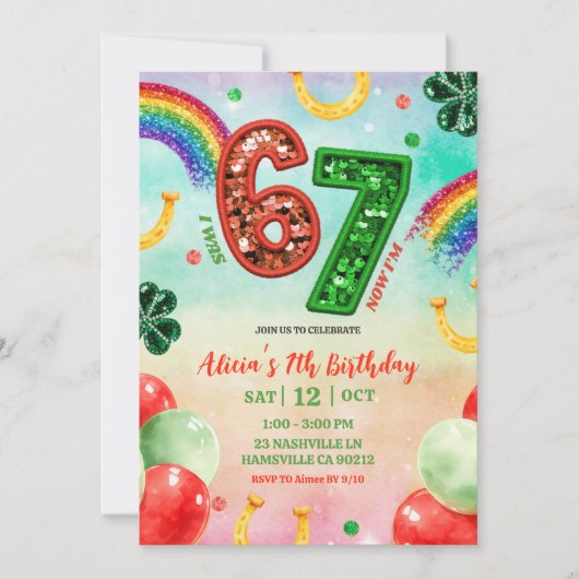 Rainbow Sequin Glitter 67 St Patrick Birthday Einladung (Vorderseite)