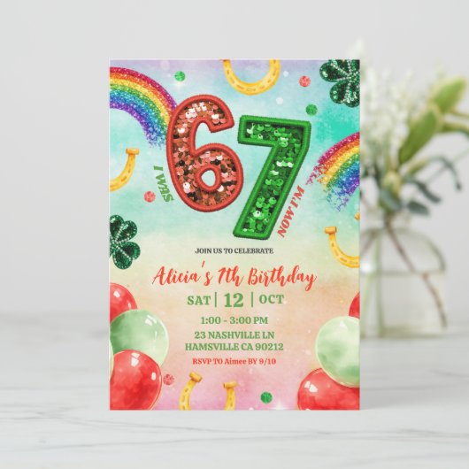 Rainbow Sequin Glitter 67 St Patrick Birthday Einladung (Stehend Vorderseite)