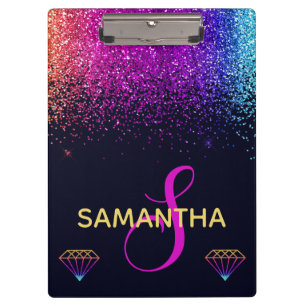 Rainbow Shimmer Glitzer & Diamonds Monogram Klemmbrett