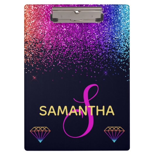Rainbow Shimmer Glitzer & Diamonds Monogram Klemmbrett (Vorderseite)