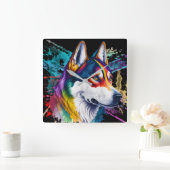 Rainbow Siberian Husky Quadratische Wanduhr (Zuhause)