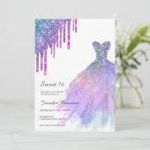 Rainbow Silber Dress Glitzer Tropfen 16 . Geburtst Einladung (Stehend Vorderseite)