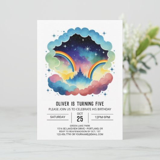 Rainbow Simple Clouds Geburtstag Einladung (Stehend Vorderseite)