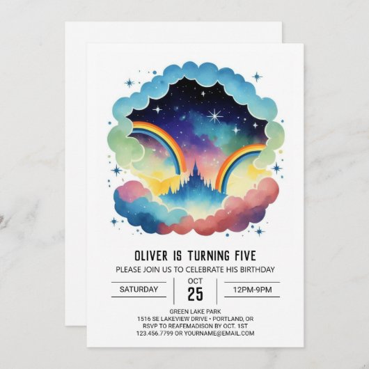 Rainbow Simple Clouds Geburtstag Einladung (Vorne/Hinten)